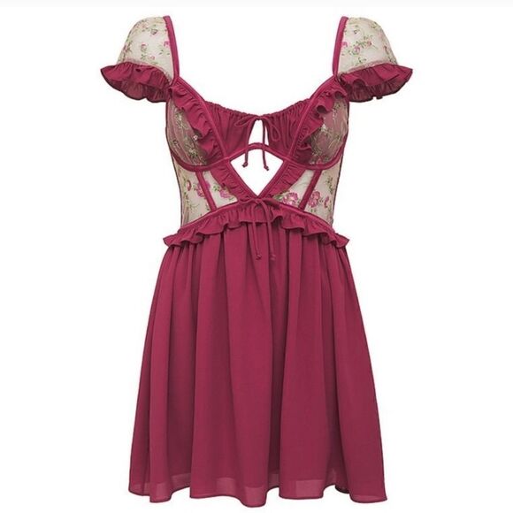 NWT🏷️For Love And Lemons Camila Sleeved Slip Dress Mauve - Picture 2 of 6